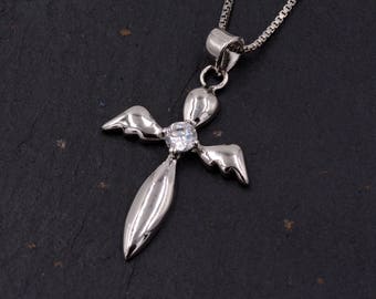 Sterling Silver Guardian Angel Design Pendant Necklace with a Sparkly CZ Crystal Y65