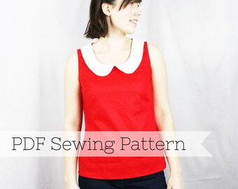 Peter Pan Collar Top PDF Sewing Pattern - for ladies, tank top, easy sewing pattern, womens blouse, vintage inspired