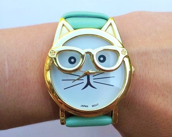Mint Green Cat Wrist Watch - cat jewelry, kitten watch, womens watches, hipster watch, unique watches, green watch, cute watch, animal watch