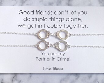 PARTNERS IN CRIME Double Bracelet, Partners in Crime Bracelet Card, Handcuff Silver Bracelet, Friendship Silver Bracelet, Friends Handcuff