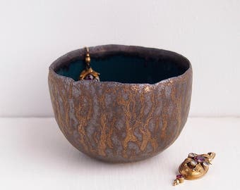 handmade teal and gold ceramic ring bowls, gold pottery bowl, gold jewellery holder, ring holder display, teal gold ring dish, ring display