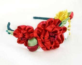 Kanzashi Flower headband Flower headpiece Wedding flower crown for women Head band Adult headband Red flower hair wreath Summer gift|for|her