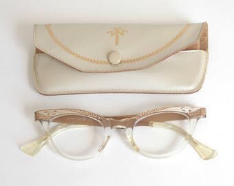 50s/60s Cat Eye Glasses - Copper Silver and Clear - Cute Floral Leaves Design - Extra Small Women's Eyeglasses - American Optical Size 5 1/2