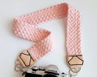 Camera Strap with Braided Peach-pink Fabric Yarn, Natural Leather Ends & Black Stitching, Modern and Comfortable Woven Jersey Strap for dslr