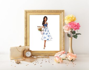 Instant download illustration Blue roses skirt, fashion illustration, home decor, fashion sketch, fashion print.