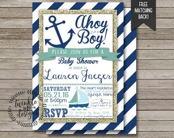 Nautical Baby Shower Invitation, Ahoy it's a boy, blue and gold, Navy Blue Stripes, Gold glitter, Boy Baby Shower, Nautical Baby, DIGITAL