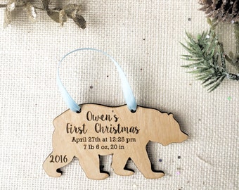 Bear Baby's First Christmas Ornament - personalized Wooden Ornament - new baby gift - birth details - stocking stuffer gift