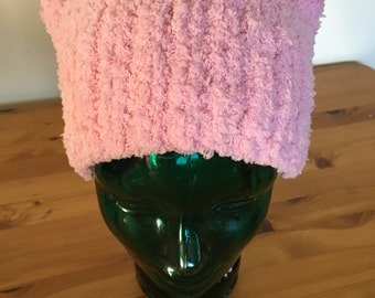 Pussy Hat. Soft Fuzzy Pale Pink, Our biggest seller! THICK KNIT not crocheted. Seamed at top so ears stand up!