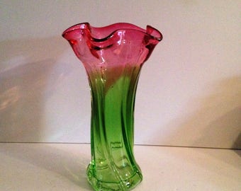 My Happy Vase - Heavy Hand Blown Two-Tone Green and Pink or Rose Flare Top Teleflora Art Glass Vase; New Vintage