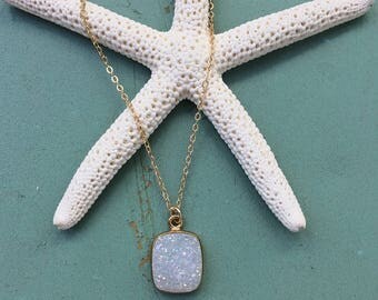 White druzy gold necklace, small natural drusy quartz pendant, 14K gold filled delicate bridal wedding jewelry, bridesmaid gift