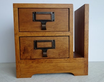 Arts and Crafts style wood desktop organizer two drawers and sorting slot