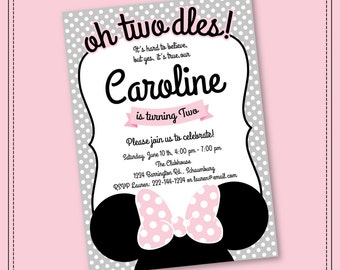 Minnie Mouse Invitation Oh Twodles Invitation, 2nd Birthday Minnie Mouse Invitation, Printable Grey Pink Black Girls Party Twodles