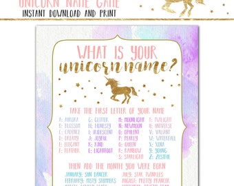 Unicorn Party Game, Printable "What's Your Unicorn Name" Game, Unicorn Birthday Party Poster, 8x10 A4 8.5x11 INSTANT DOWNLOAD