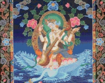 Hindu Goddess Saraswati Thangka Large Cross Stitch pattern - PDF - Instant Download!