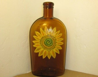 Big Yellow Flower on Old Honey Amber Strap Flask