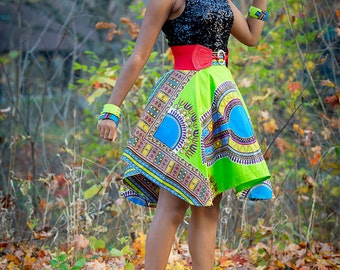 Green Dashiki Circle Skirt Blue Dashiki Ankara knee length skirt African Skirt Ankara Sexy Skirt Valentines Gift for Her Neon African Dress