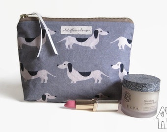 Dachshund Makeup Bag, Sausage Dog Makeup Bag, Wiener Dog Cosmetics Bag, Toiletry Bag, Makeup Pouch, Blue Cotton Makeup Bag, Old Flour House