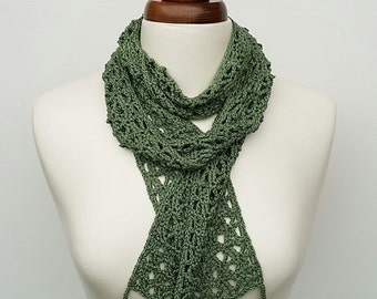Silk crochet scarf, narrow summer scarf, green scarf, lacy crochet scarf, gift for her, women's accessory