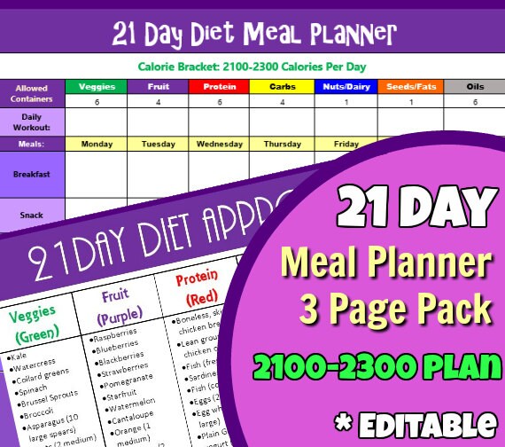 21 Day Meal Planner & Food List 3 Page Bundle for 2100-2300