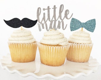 Little Man Cupcake Toppers / Boy First Birthday Party Decor / Mustache Bash Party Theme / Little Mister 1st Birthday / One / Dessert Table