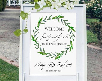 Wedding welcome sign printable, printable wedding welcome sign digital, greenery welcome sign, laurel wreath sign, reception entrance sign