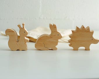 Waldorf wooden animals, Wood hedgehog squirrel rabbit, Forest Animal toys, Woodland toy animals, Natural Eco Friendly Toy, Natural wood toy