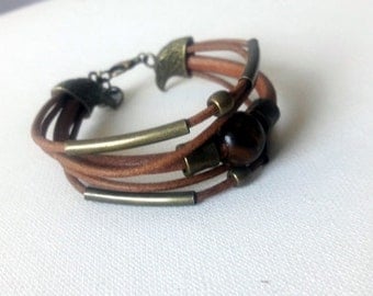 Eagles leather and copper cuff, Leather bracelet with eagle closure, Cuff copper and tiger eye bead cuff Gift for him