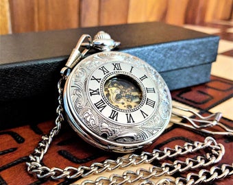 Engraved pocket watch, silver pocket watch, groomsmen watches, husband gift, vintage watch, boyfriend gift, skeleton watch, gift for him