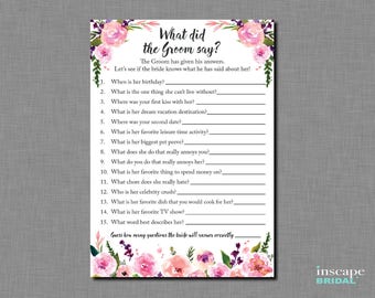 What did the Groom Say about his Bride? Bridal Shower Game, Newlyweds Game, What did He Say about Her, Who Knows Groom Best? Couples Shower