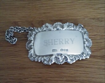 Vintage solid silver Sherry decanter label with London Hallmark by Richards and Knight