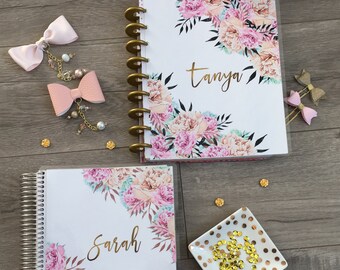 Erin Condren Planner Cover, Happy Planner Cover, Recollections Planner Cover, Large Planner Cover, Floral, pink, gold, glitter, flowers
