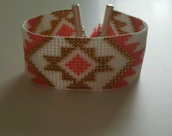 HONOLULU cuff Miyuki beads, white/pink/gold