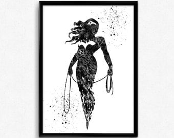 Wonder Woman inspired, Superhero, Watercolor Print, Black and White Watercolor, Poster, gift, Print, Wall Art (260)