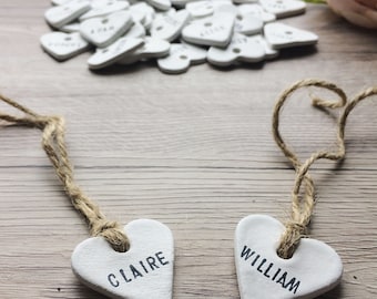 Personalised Clay Heart Place Tags, Wedding Favour/Favor Tags - Rustic, Vintage, Shabby Chic, Country Wedding Decor, Table Decoration