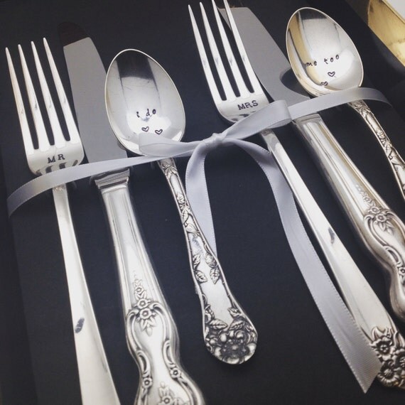 Fork spoon and knife set for bride and groom. Wedding forks.