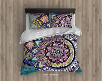 Asymmetric MANDALA Duvet Cover. Hippie Bedding Set. Bohemian Beddings. King Queen Full Lace Mandalas Comforter Upgraded.