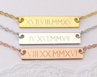 Roman Numeral Bar Necklace, Date Necklace, Personalized Jewelry, Gold Bar Necklace, Personalized Bar, Gift For Her, Dainty Engraved Bar