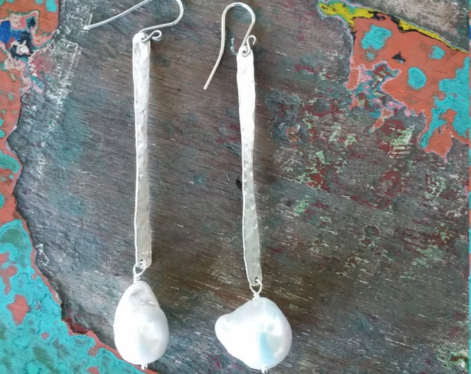 Large White Baroque Pearl on Hand Hammered Sterling Dangle