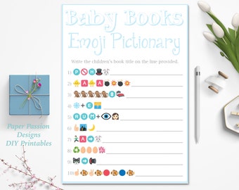 Baby Books Emoji Pictionary Game ~ Children's Books Emoji Game ~ Blue Baby Shower Game ~ Baby Boy ~ Printable Game 0026B