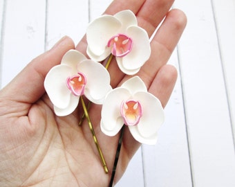 Small Orchid Flowers Hairpin - Wedding Orchid Hair Pin - Handmade White Orchid Hair Accessories - Orchid Bobby Pin - Bridesmaid Hair Clips
