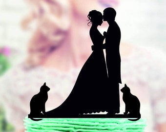 Wedding cake topper with Cat , Silhouette Groom and Bride, Acrylic Cake Topper, Silhouette cake topper with two cats, family cake topper