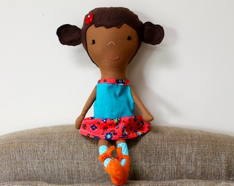 Doll, Brown Doll, Soft Doll, Rag Doll, Hispanic Doll, Latino doll, stuffed doll, nursery decor, baby doll, ballerina doll, Blue and Orange