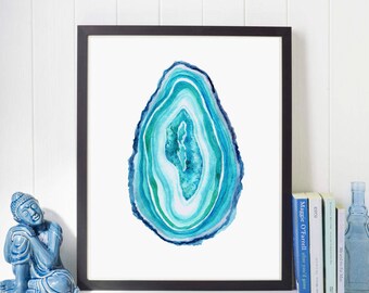 Agate Slice Art,Geode Wall Art,Agate Art Print,Blue Agate Slice,Agate Watercolor,Agate Painting,Gemstone Art,Geode Print,Mineral Art Print