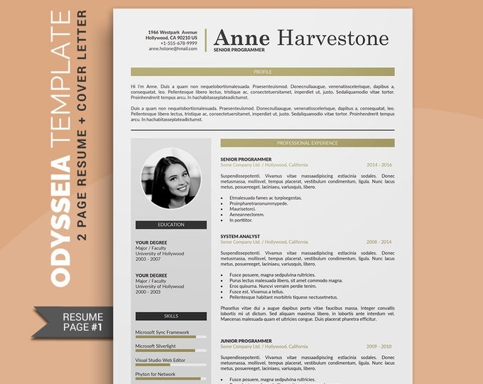 Creative CV Template / Resume Template Professional, 2 Pages Resume Template Word Format Design + 1 Pages Cover Letter | Odysseia Template