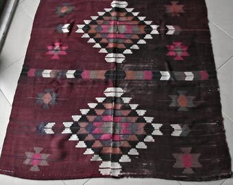 Vintage Navajo Rug 5x4 ft, Rustic Brown Southwestern Rug, Saddle Blanket Old Wall Hanging, Small Wool Rug, Bench Throw Rug, Flatweave Rug