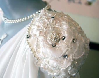 Italian Vintage Wedding Dress, White Beaded Pearls Jeweled Wedding Gown w Trail, Elegant Loretta Wedding Dress: Size 6/8 US, Size 10/12 UK