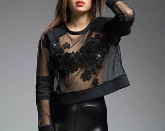 Unique Black transparent Sweatshirt with Flowers