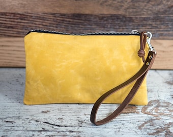 Yellow Waxed Canvas and Leather Zipper Pouch/ Coin Pouch/ Canvas Zipper Bag/ Canvas Bag/ Travel Organizer/ iPhone Organizer