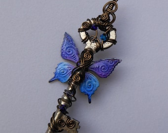 Butterfly Winged Key Pendant -- Purple and Blue Patterned Butterfly Wings, Wire Wrapped Key, Antique Brass Wire, Harry Potter Flying Key