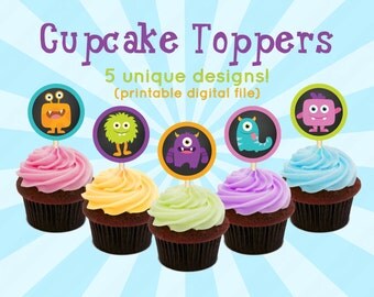 Little Monster Birthday Party Decoration for Kids - Children's Printable Cute Cupcake Toppers, Favor Tags, Medallions, Confetti - DIY 0008